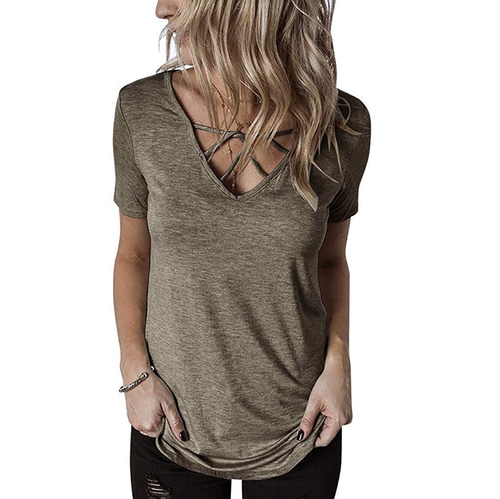 🆕️ Brown~ Short Sleeve Cage Front Tee